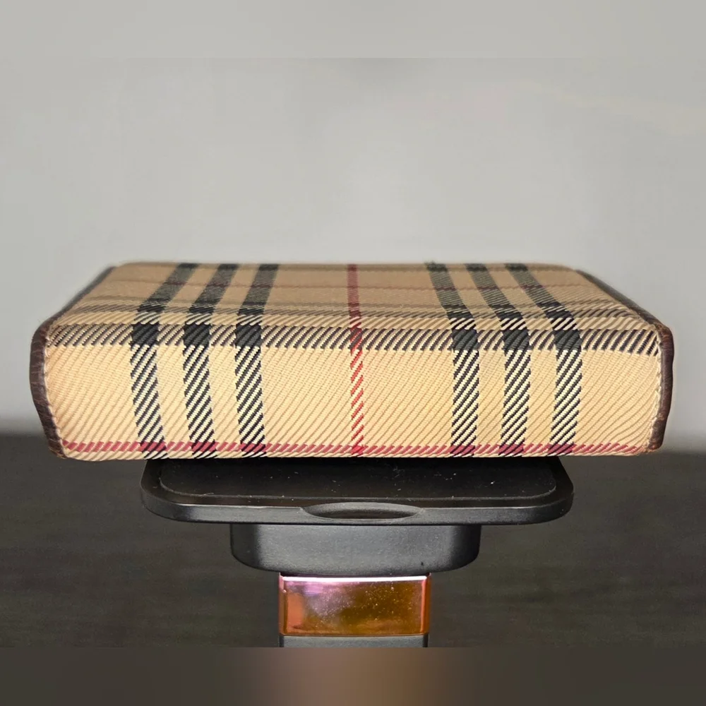 Vintage Burberry Nova Check Trifold Wallet Beige Canvas Brown Leather Authentic